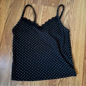 Women’s Black‎ Polka Dot Cami Tank Top Lace Trim S/S Y2k Preppy Retro Girly